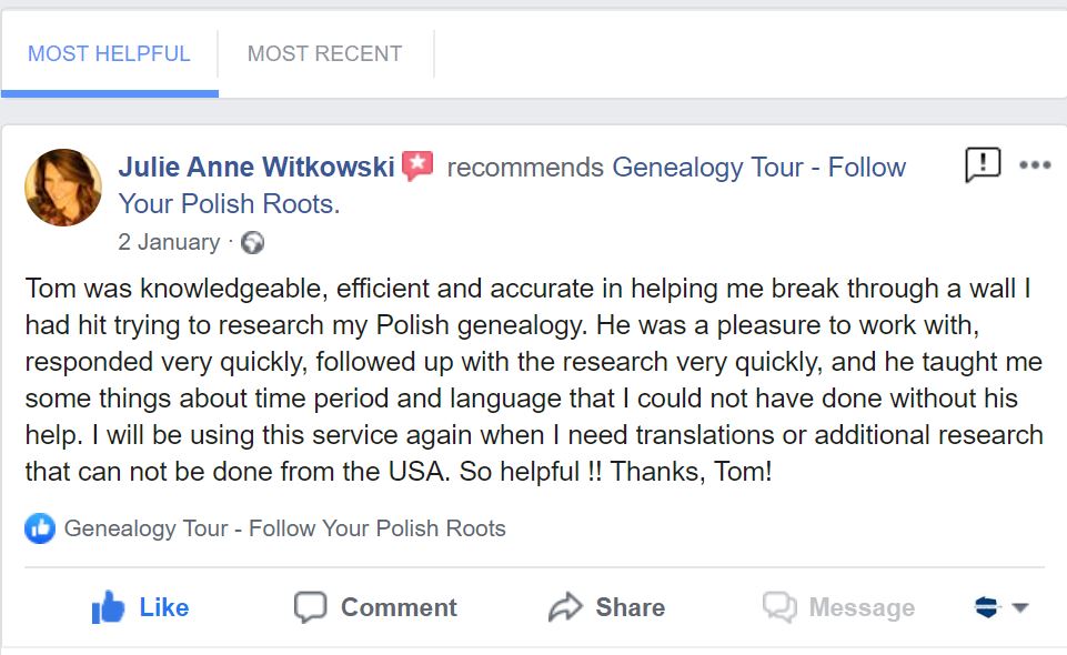 facebook post, recommendation of genealogical services