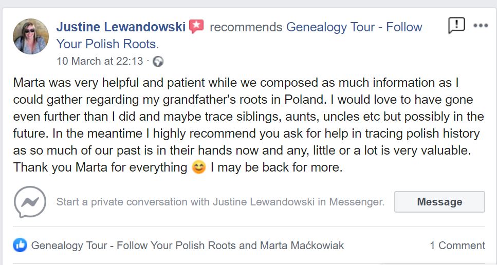 facebook post, recomendation of Genealogy Tour