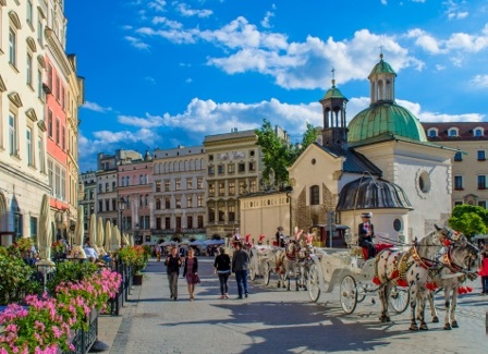 main square in Krakow, view on old town